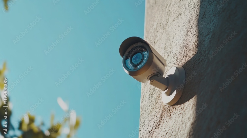 Fototapeta premium A close-up of a sleek, modern CCTV camera mounted on a wall, with a clear blue sky in the background, emphasizing its surveillance capabilities in urban settings.