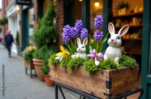 Decorative flower box featuring ceramic bunnies and colorful flowers on a city street in spring