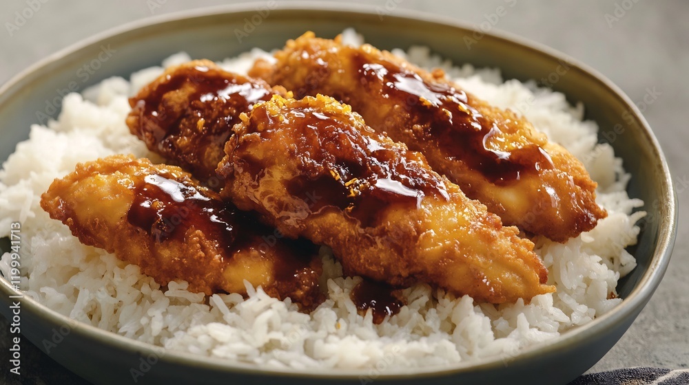 Classic Chinese cuisine dish crispy orange chicken glazed a tangy citrus sauce served with steamed rice Classic Chinese cuisine dish crispy orange chicken glazed a tangy citrus sauce served with steamed rice