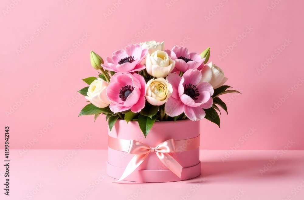 Elegant floral arrangement in pink box with delicate blooms and ribbon Elegant floral arrangement in pink box with delicate blooms and ribbon