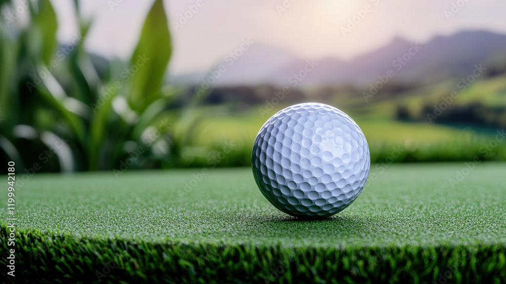 close up of golf ball resting on putting green, surrounded by lush grass and scenic landscape. soft sunlight enhances serene atmosphere of golf course close up of golf ball resting on putting green, surrounded by lush grass and scenic landscape. soft sunlight enhances serene atmosphere of golf course