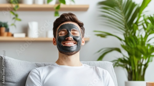 Facial skin problems concept. Man enjoying a charcoal face mask at home, showcasing relaxation and self-care amidst indoor greenery. photo