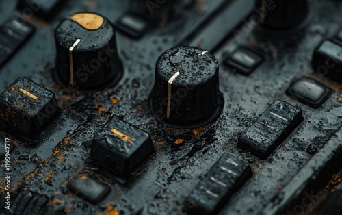 Close-up of a water-damaged control panel; dark, textured knobs and buttons glisten under the droplets. A post-apocalyptic vibe. photo