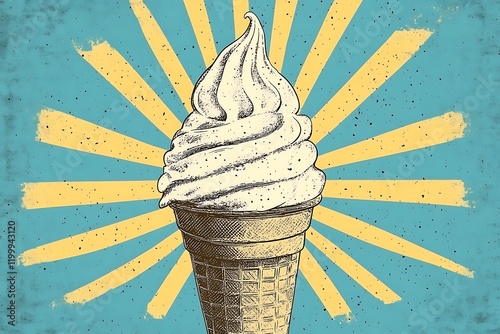 Vintage Soft Serve Ice Cream Cone with Sunburst Background