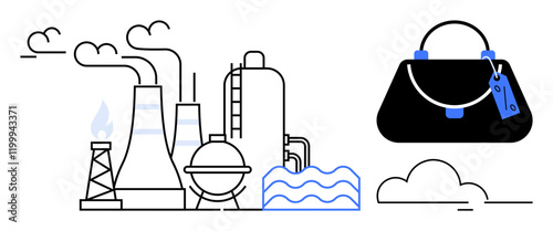 Factory producing goods with smoke stacks, storage tanks, and water waves. Nearby handbag symbolizes consumer culture. Ideal for industry, environment, consumerism, economy, manufacturing pollution