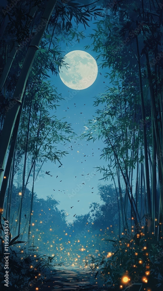 Fototapeta premium Serene Bamboo Forest Moonlight Night Fireflies