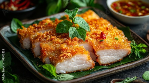 Wallpaper Mural A close-up of fried pork belly slices coated with a crispy, golden crust, topped with fish sauce and served with a garnish of fresh herbs, under soft natural lighting Torontodigital.ca