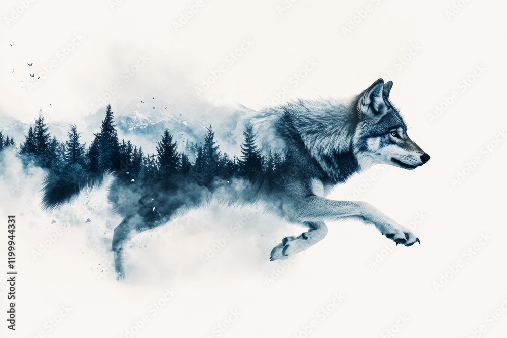 Fototapeta A serene watercolor depiction of a wolf running through a snow-covered forest, with splashes of blue and white blending into the scenery