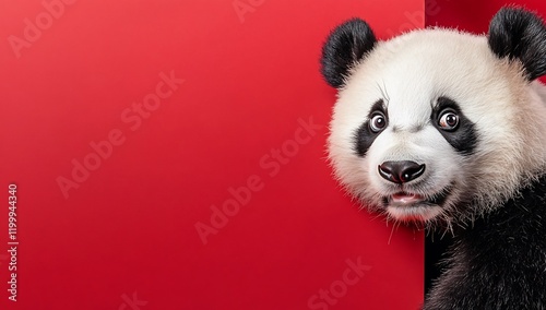 Curious panda peeking red background,  advertising, zoo photo