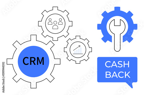 Gears with CRM text, user group, ascending chart, and tools. Ideal for business management, customer support, marketing strategies, analytics, financial incentives technical support process