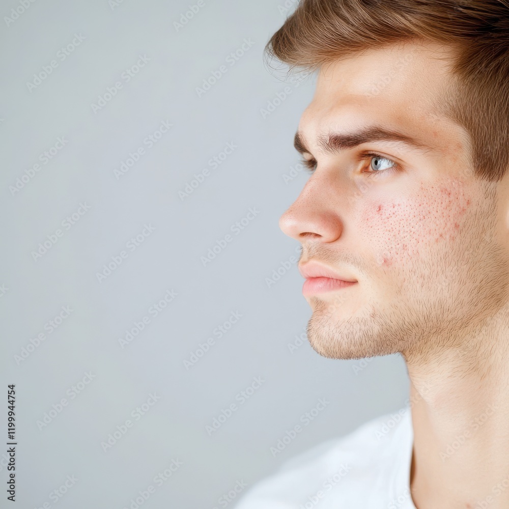 Fototapeta premium Facial skin problems concept. Young man in profile with a thoughtful expression against a soft gray background.