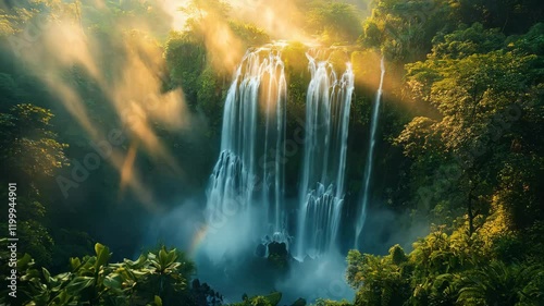 A stunning waterfall cascades down rocky cliffs, surrounded by vibrant green trees, as sunlight filters through the foliage in a serene landscape.