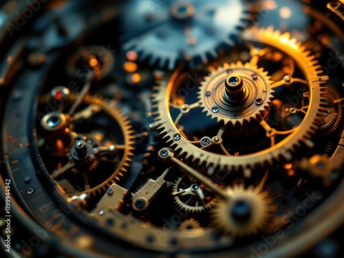 Intricate clockwork gears illuminated by warm light for mechanical design inspiration photo