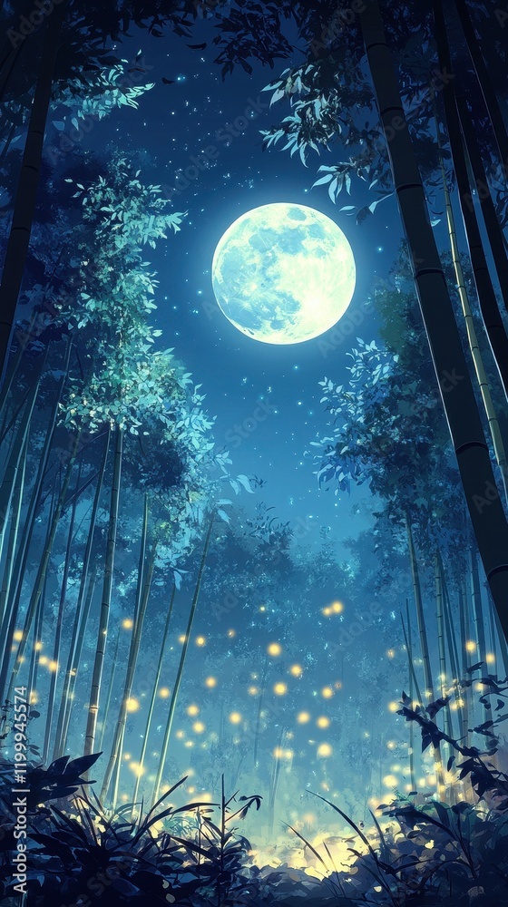 Obraz premium Serene Moonlit Bamboo Forest With Fireflies