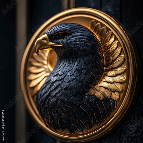 Black and gold eagle head sculpture in a circular frame. photo