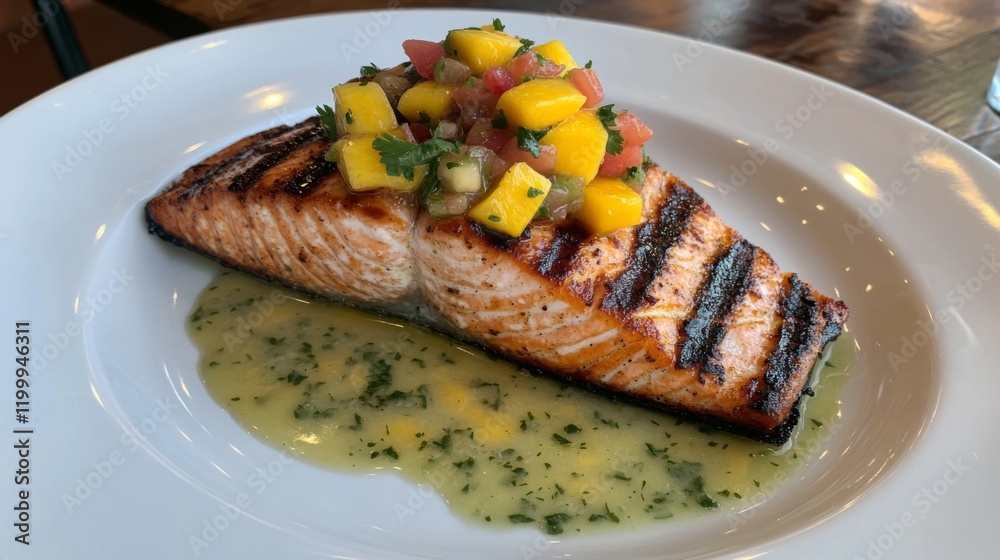 A close-up view of a grilled salmon fillet topped with a mango salsa, served on a white plate with a drizzle of cilantro lime sauce for a fresh twist. A close-up view of a grilled salmon fillet topped with a mango salsa, served on a white plate with a drizzle of cilantro lime sauce for a fresh twist.