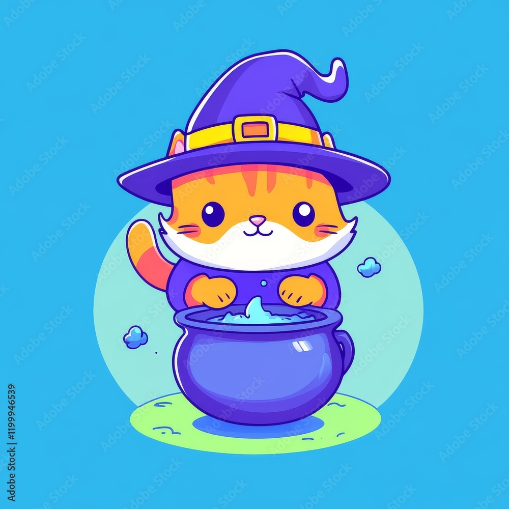 Fototapeta premium A cute orange cat wearing a purple witch hat stirs a bubbling cauldron, set against a bright blue background.