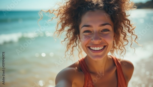 A cheerful young woman with curly hair beams at the camera, standing on a sunlit beach with gentle waves lapping at her feet. Her vibrant smile radiates happiness, capturing the essence of a carefree photo