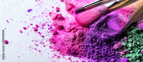 Colorful makeup brushes in pink, purple, green powder