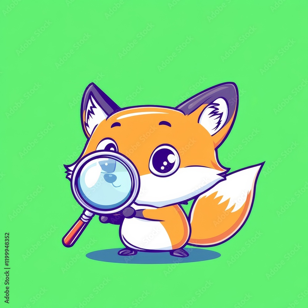 Obraz premium A cute cartoon fox holding a magnifying glass against a vibrant green background, exuding a playful and inquisitive vibe.