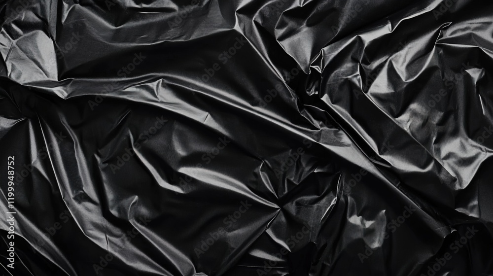 Obraz premium Black plastic film wrap texture, crumpled in the wind, top view.