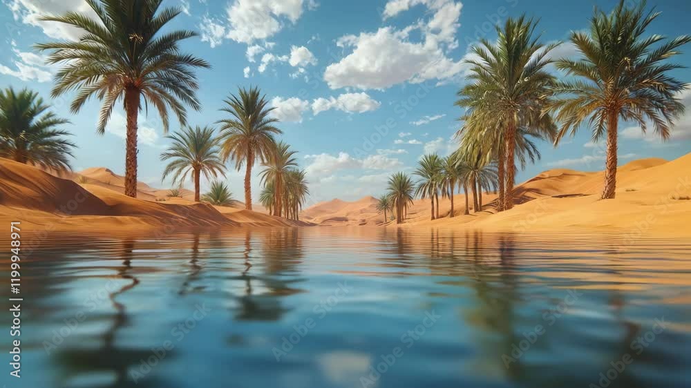 A serene desert oasis with palm trees reflecting on calm waters under a bright blue sky, suggesting a tranquil and picturesque scene. A serene desert oasis with palm trees reflecting on calm waters under a bright blue sky, suggesting a tranquil and picturesque scene.