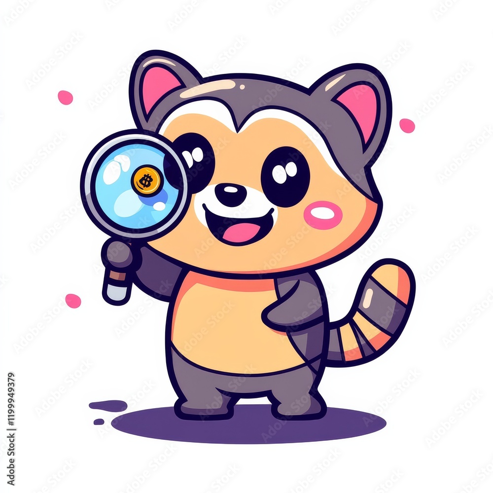 Obraz premium A cute cartoon raccoon character holding a magnifying glass, smiling joyfully against a colorful background.