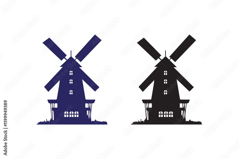 Farmland windmill, house landscape silhouettes with white background and color versions