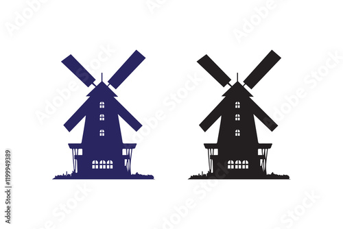 Farmland windmill, house landscape silhouettes with white background and color versions