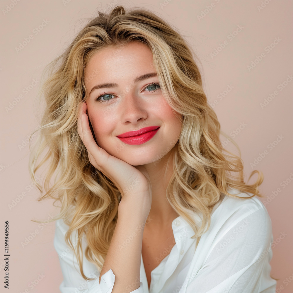 Portrait of beautiful happy european blond woman model smiling and make up, touching healthy facial skin on clean background, cosmetics concept Portrait of beautiful happy european blond woman model smiling and make up, touching healthy facial skin on clean background, cosmetics concept
