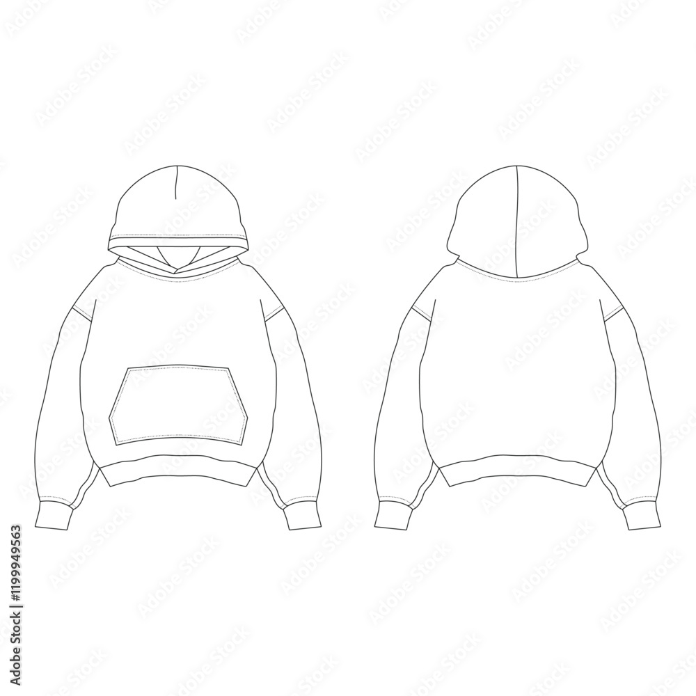 Blank Transparent Hoodie Mock-Up Template on White Background, Front and Back View	