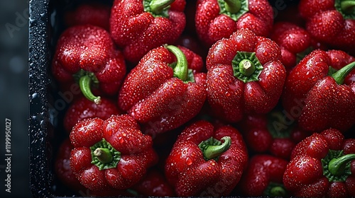 Fresh red peppers in crate, wet, close-up, dark background, food market photo