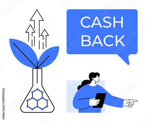 Plant growing from flask with arrows upward, woman pointing with tablet, cash back message bubble. Ideal for finance, investment, savings, cashback programs, economic growth, sustainability