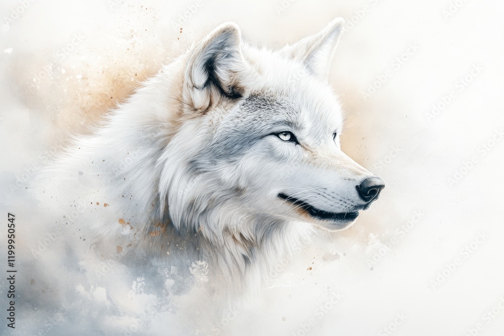 Obraz premium A watercolor painting of a wolf in mid-howl, with soft blends of gray and white tones set against a dreamy, starry background