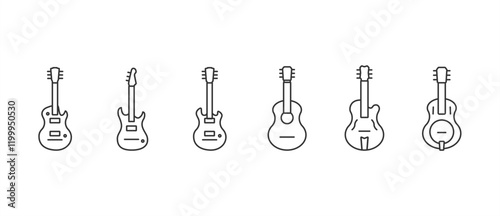 Simple Guitar, bass guitar icon set. Acoustic and electric musical instrument symbol. Line icon of guitar, bass guitar acoustic and electric vector illustration in transparent background. Editable