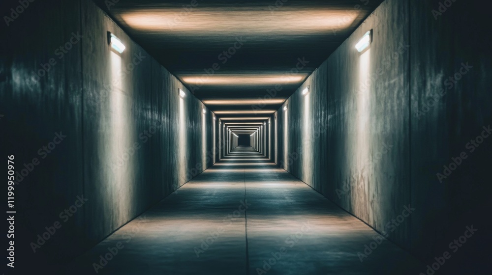 A dimly lit subway tunnel with smooth concrete walls and track rails leading into the distance, illuminated by soft lights along the walls, creating a mysterious atmosphere A dimly lit subway tunnel with smooth concrete walls and track rails leading into the distance, illuminated by soft lights along the walls, creating a mysterious atmosphere