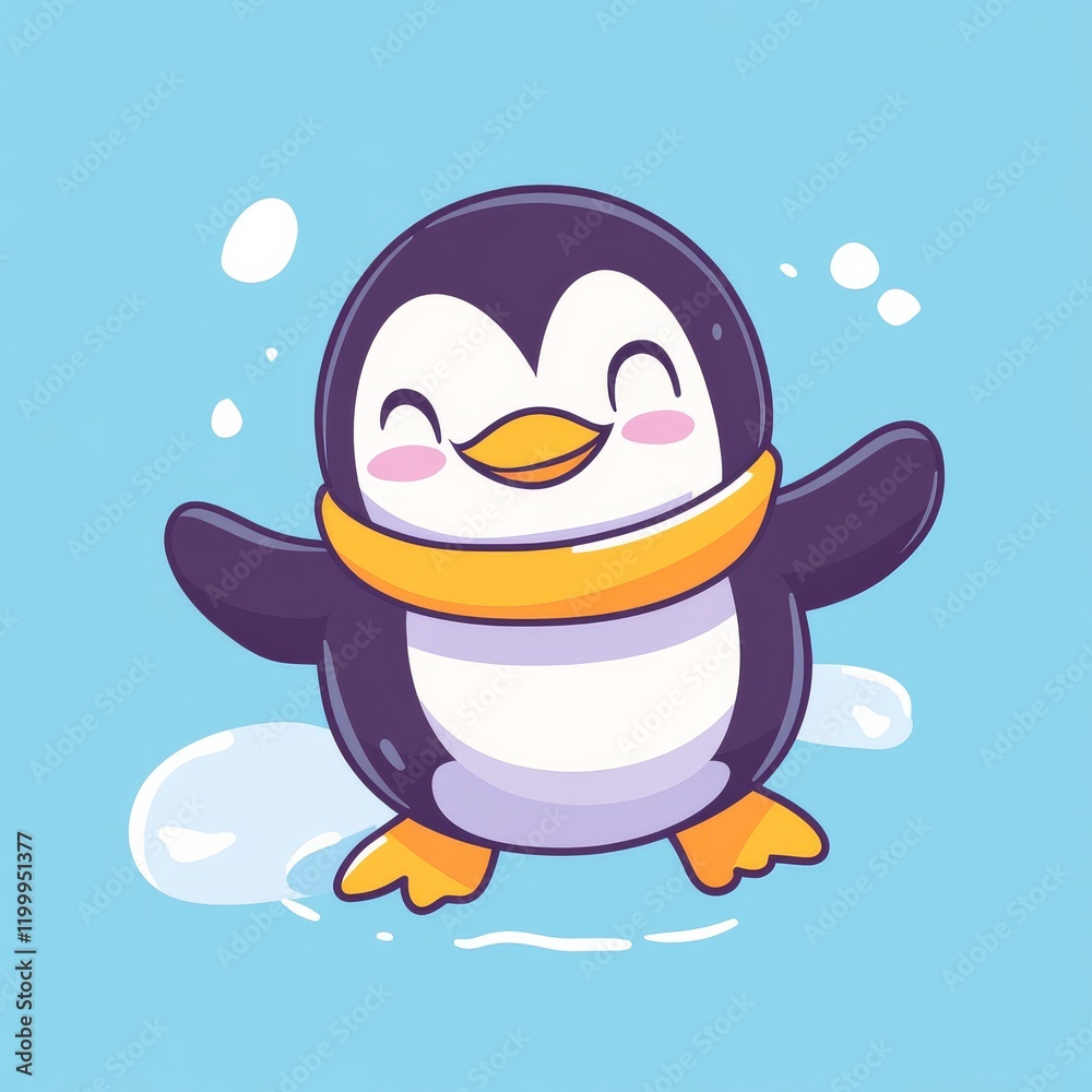 Obraz premium A cheerful cartoon penguin stands happily on ice, wearing a bright yellow scarf, against a light blue background.