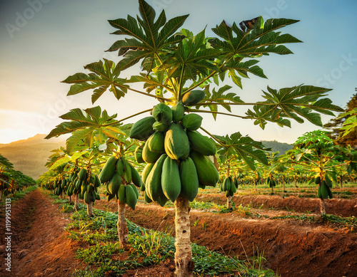 A papaya tree laden with green fruit grows in a tropical plantation during sunset with rows of other trees visible in the background. photo