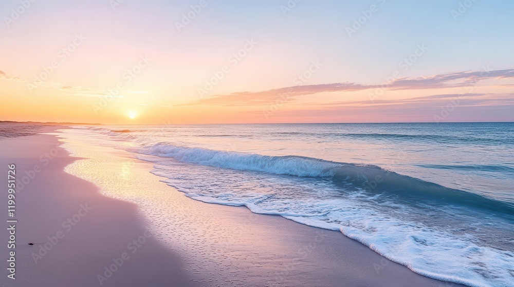 Fototapeta premium Beach at sunrise with gentle waves and pastel colors