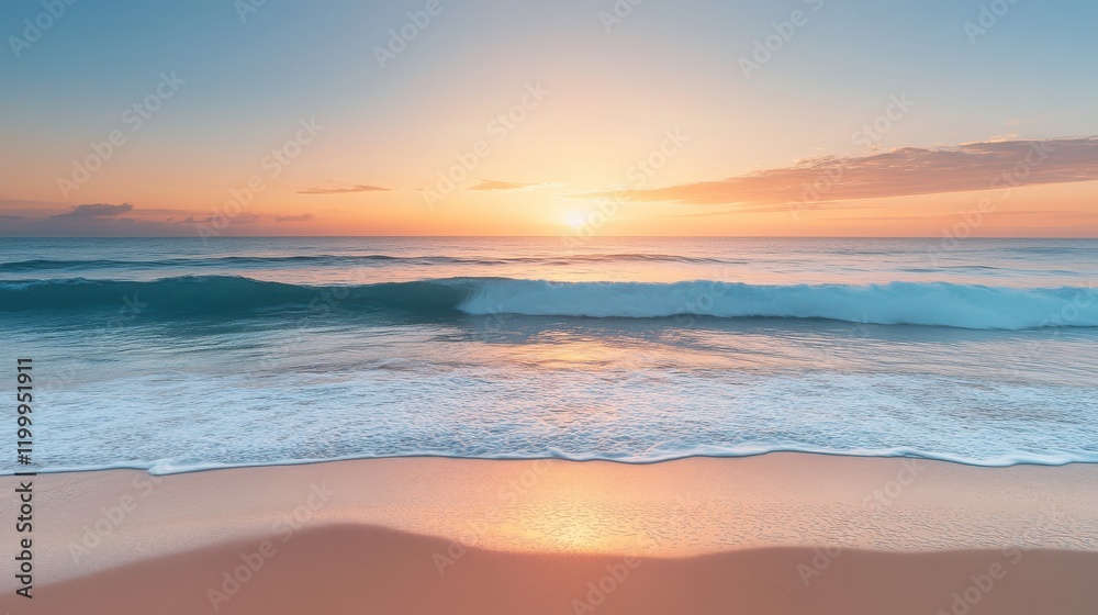 Obraz premium Beach at sunrise with gentle waves and pastel colors