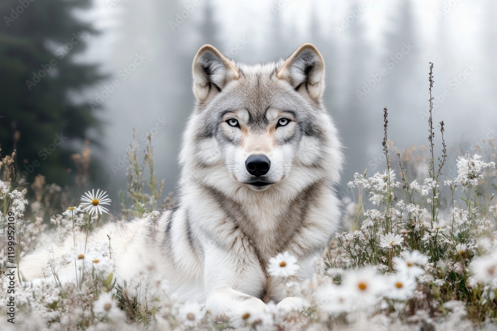 Obraz premium A wolf resting in a meadow surrounded by wildflowers, with its ears perked up and alert