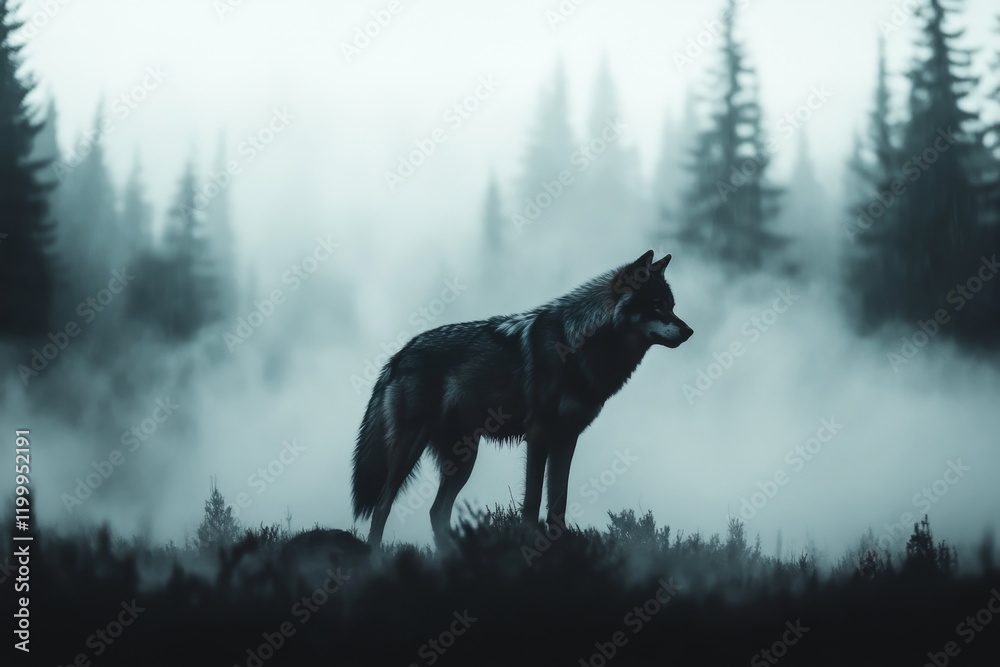A wolf stalking its prey in the shadows, its silhouette barely visible in a dimly lit forest A wolf stalking its prey in the shadows, its silhouette barely visible in a dimly lit forest