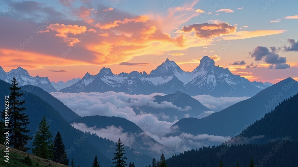 Obraz premium Sun-kissed mountains emerge from misty clouds under a vibrant sky of blues and oranges, creating an ethereal landscape that captivates the senses