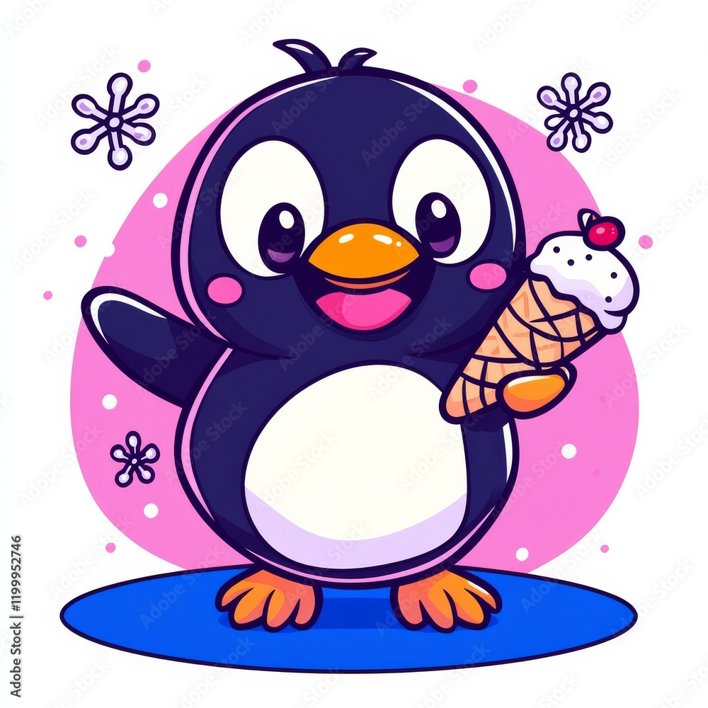 Fototapeta premium A cheerful cartoon penguin holding an ice cream cone, surrounded by pink accents and snowflakes, exuding a fun, playful vibe.
