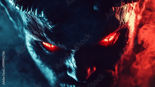 Fiery and intense demonic face with glowing red eyes and sharp horns, embodying supernatural horror and dark fantasy photo