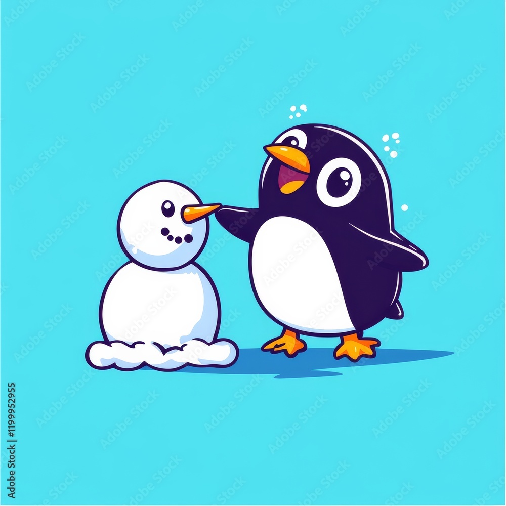 Fototapeta premium A cute penguin happily interacts with a smiling snowman against a bright blue background, showcasing a playful winter scene.