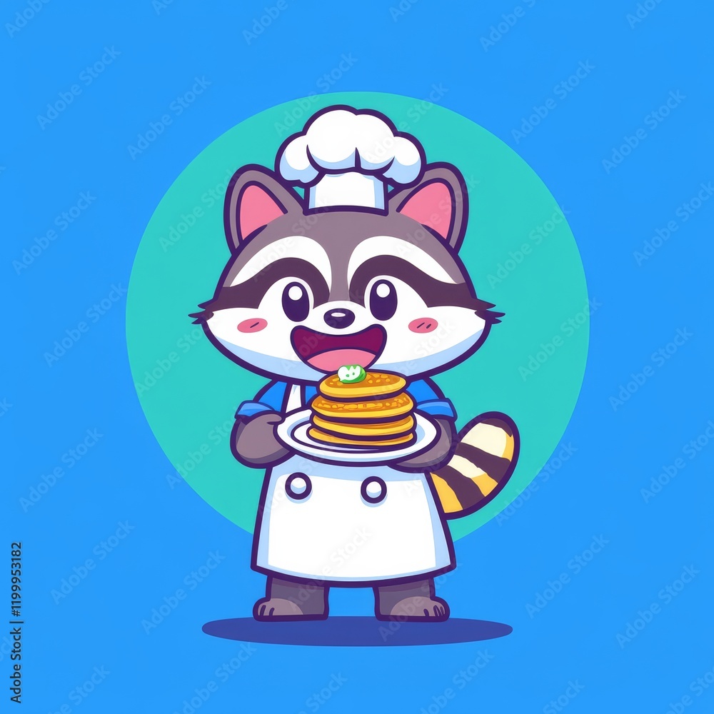 A cheerful raccoon chef holds a stack of pancakes, wearing a chef's hat and apron against a vibrant blue background. A cheerful raccoon chef holds a stack of pancakes, wearing a chef's hat and apron against a vibrant blue background.