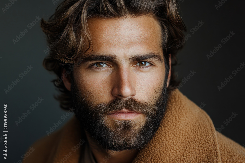 Fototapeta premium Man with long hair and beard stares intensely into the distance. Grains of sand cling to his weathered face, under a blazing desert sun.