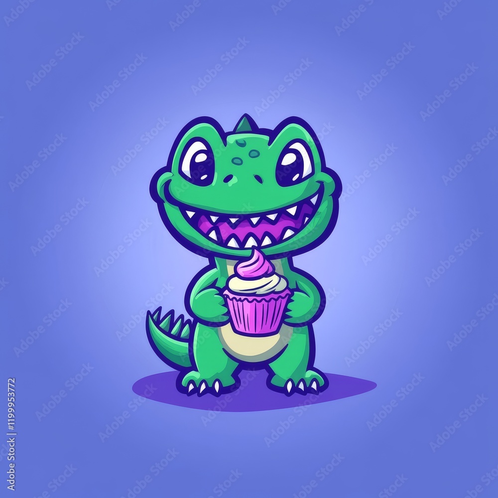 Obraz premium A cute cartoon dinosaur holds a cupcake, smiling against a soft blue background.