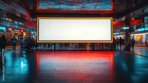 A glowing lightbox billboard mockup is positioned in the center of a busy metropolitan train station at night